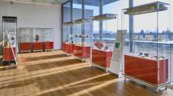 Mehrere Vitrinen stehen nebeneinander vor einer gro&szlig;en Glasfront, durch welche die Sonne hereinscheint