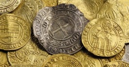 Goldene und silberne Münzen mit mittelalterlicher Schriftprägung