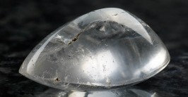 Ein durchsichtiger, glatt geschliffener Bergkristall in dreieckiger Form