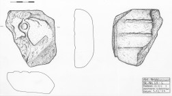 Zeichnung der Gießformvorderseite mit dem Ringnegativ (rechts) und der Rückseite mit den drei linearen Negativen (links). Zeichnung: Evelyn Geilenbrügge/LVR-Amt für Bodendenkmalpflege im Rheinland