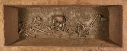Blick von oben in einen Steinsarg mit einem Skelett