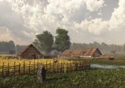 Rekonstruktion von zwei jungsteinzeitlichen Häusern mit Menschen, Tieren, Feldern, Zäunen